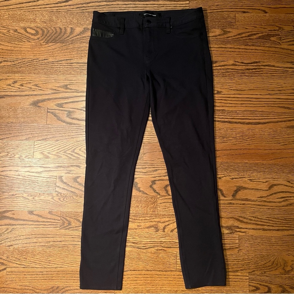 Calvin Klein Blue Jeggings Black Faux Leather Pocket Accent - Women's Size 6